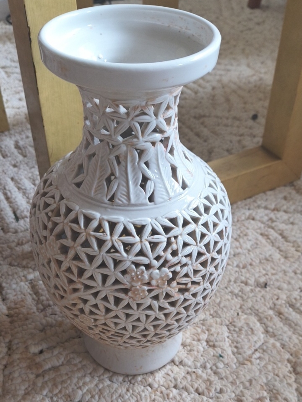 White Ceramic Lattice Cherry Blossom Vase 11.5" Vintage Ca. 1940.